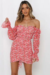 Floral Off Sleeve Ruched Bodycon Smocked Mini Dress - Red