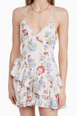 Floral Print Tiered Ruffle V Neck Slip Mini Sundress - White