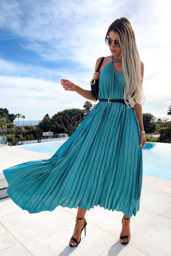 Flowy Halter Smocked Waist A Line Chiffon Pleated Maxi Dress - Azure Blue