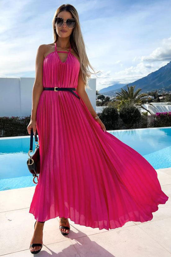 Flowy Halter Smocked Waist A Line Chiffon Pleated Maxi Dress - Rose