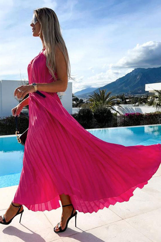 Flowy Halter Smocked Waist A Line Chiffon Pleated Maxi Dress - Rose