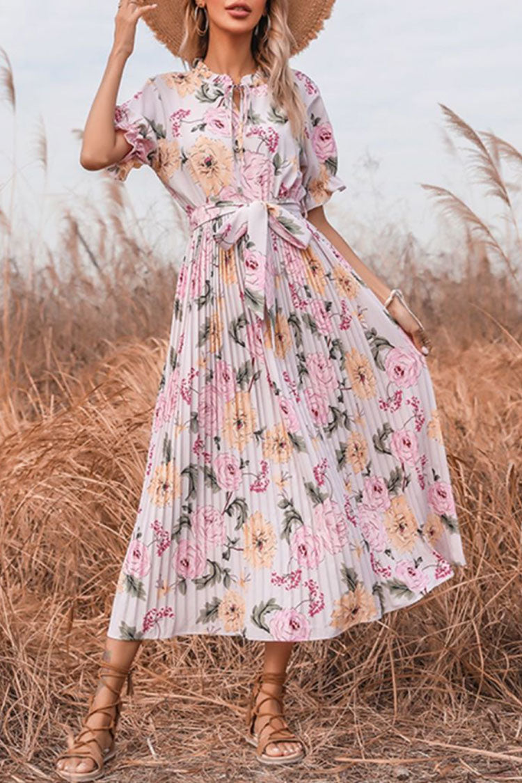 Flowy Tie Neck Puff Sleeve Pleated Floral Printed Midi Dress - Pink