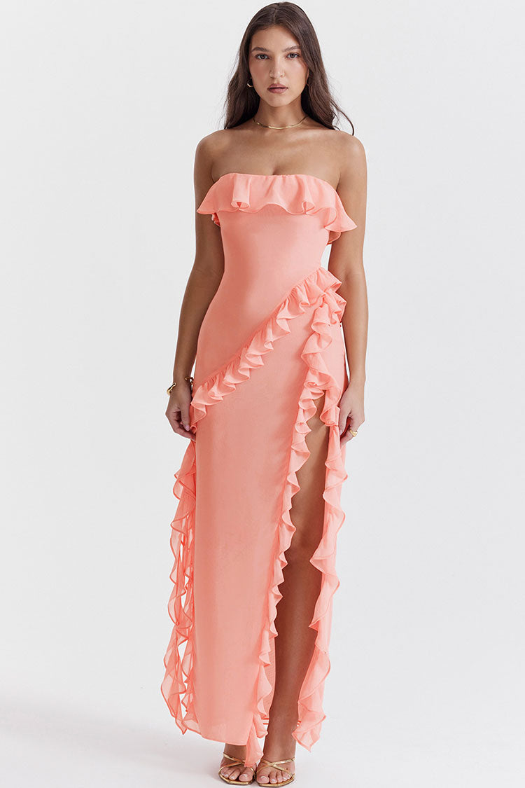 Fluttering Frill Trim Strapless High Split Draped Ruffle Maxi Dress - Pink