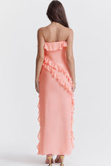 Fluttering Frill Trim Strapless High Split Draped Ruffle Maxi Dress - Pink