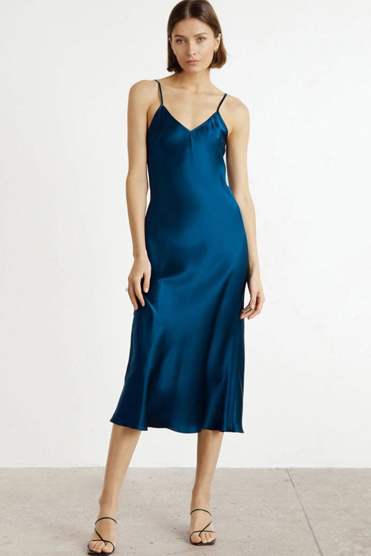 French Chic V Neck Spaghetti Strap Satin Slip Midi Dress - Navy Blue