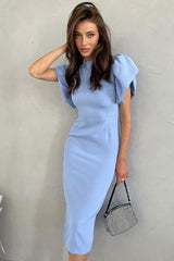 French Crew Neck Puff Sleeve Split Bodycon Cocktail Party Midi Dress - Blue