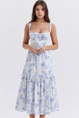 French Sweetheart Fit and Flare Ruffle Floral Printed Midi Sundress - Blue