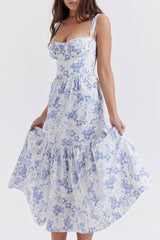 French Sweetheart Fit and Flare Ruffle Floral Printed Midi Sundress - Blue