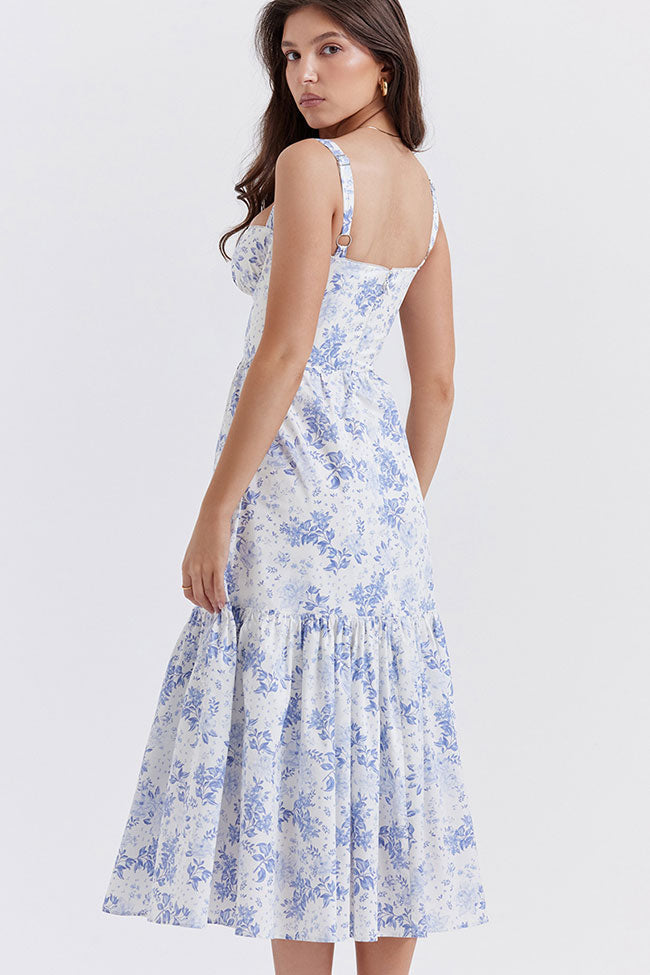 French Sweetheart Fit and Flare Ruffle Floral Printed Midi Sundress - Blue