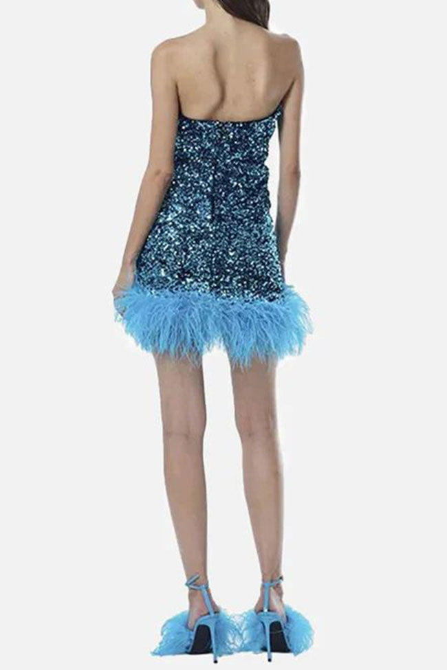 Glamorus Feather Trim Strapless Velvet Sequin Party Mini Dress - Blue