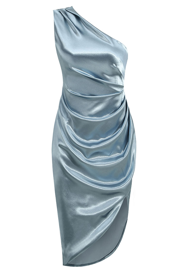 High Slit One Shoulder Satin Cocktail Party Dress - Dusty Blue