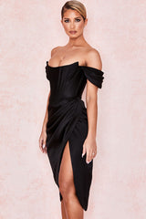 High Split Ruched Off Shoulder Satin Midi Corset Dress - Black