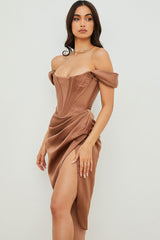 High Split Ruched Off Shoulder Satin Midi Corset Dress - Coffee