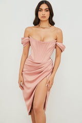 High Split Ruched Off Shoulder Satin Midi Corset Dress - Pink