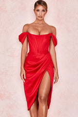 High Split Ruched Off Shoulder Satin Midi Corset Dress - Red