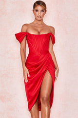 High Split Ruched Off Shoulder Satin Midi Corset Dress - Red