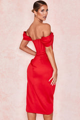 High Split Ruched Off Shoulder Satin Midi Corset Dress - Red