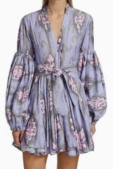 Long Sleeve Button Down Floral Print Shirt Mini Dress - Purple