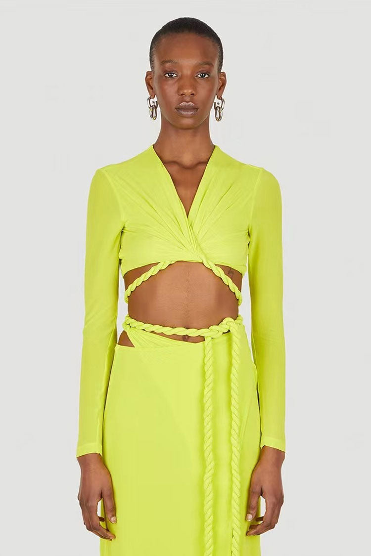 Long Sleeve Rope Wrap Top Split Skirt Two Piece Midi Dress - Lime Green