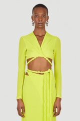 Long Sleeve Rope Wrap Top Split Skirt Two Piece Midi Dress - Lime Green