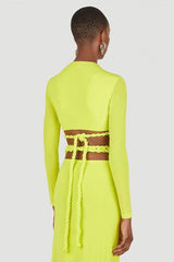 Long Sleeve Rope Wrap Top Split Skirt Two Piece Midi Dress - Lime Green