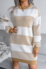 Long Sleeve Textured Striped Knit Winter Sweater Mini Dress - Khaki