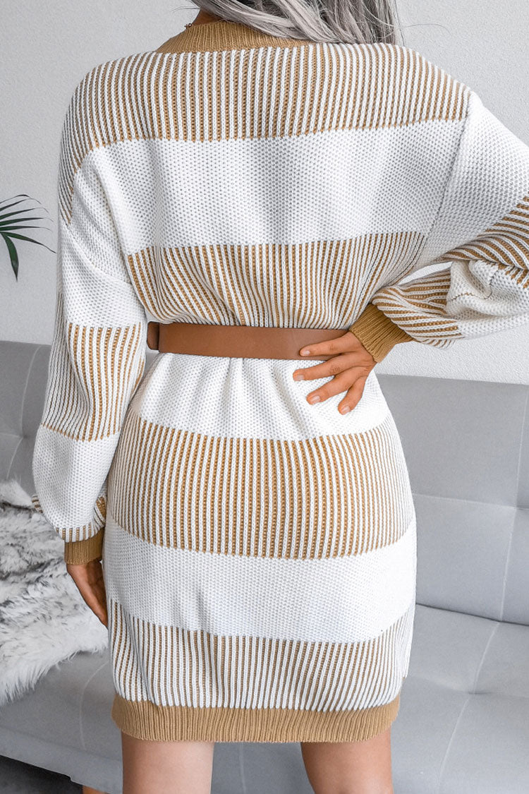 Long Sleeve Textured Striped Knit Winter Sweater Mini Dress - Khaki