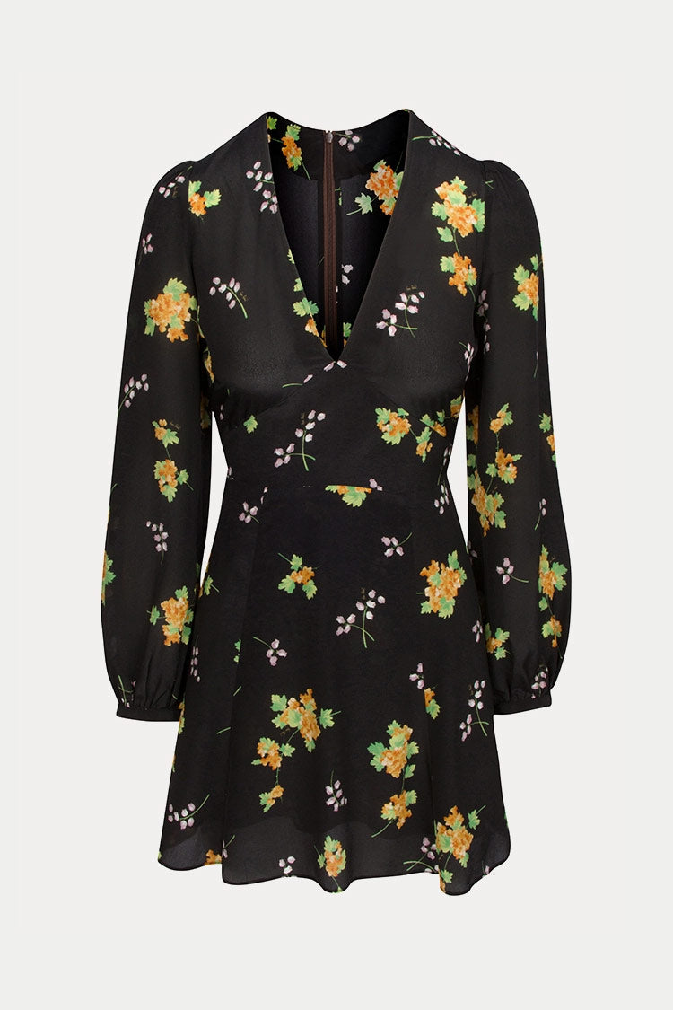 Long Sleeve V Neck Fit & Flare French Silk Floral Mini Dress - Black