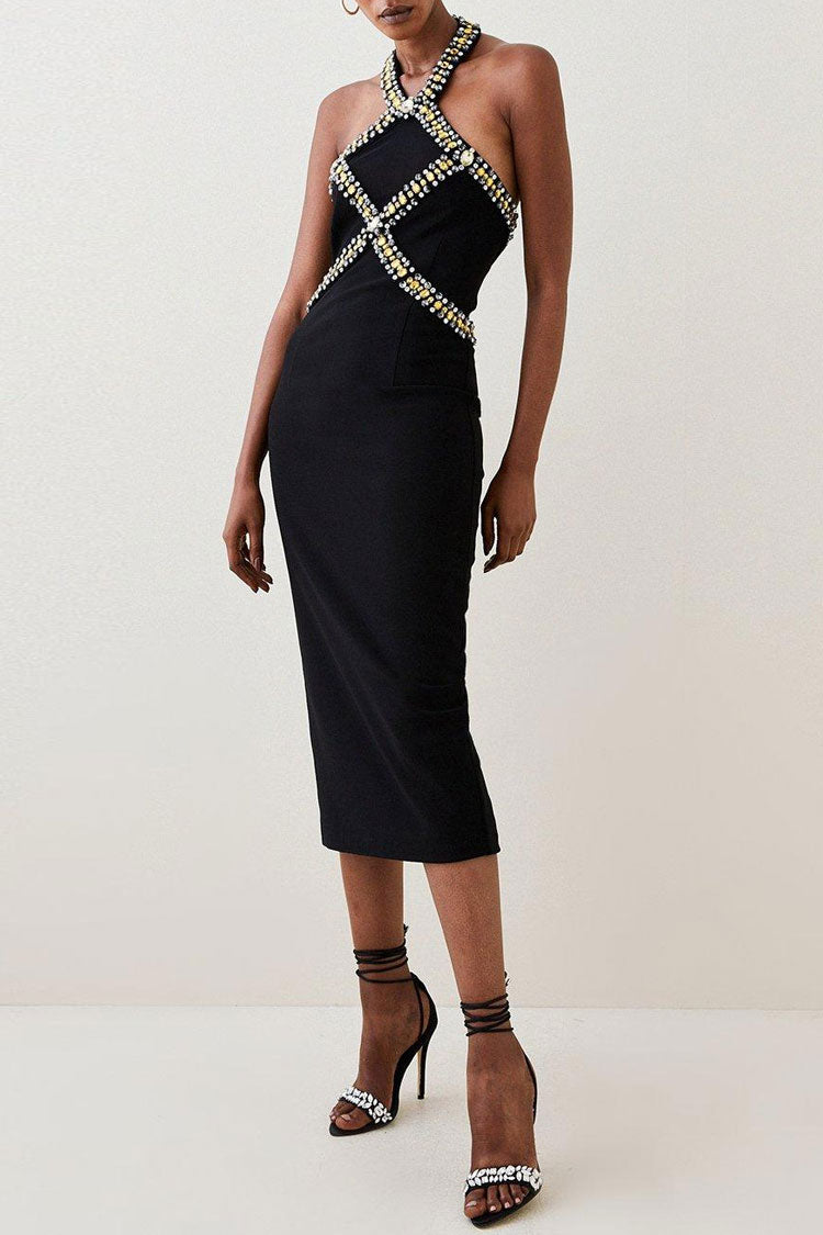 Luxury Rhinestone Halter Neck Bodycon Bandage Cocktail Party Midi Dress - Black