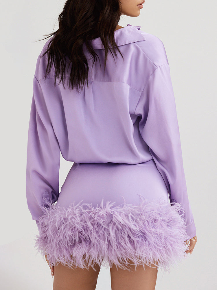 Purple Satin Shirt Style Fur Trim Mini Dress