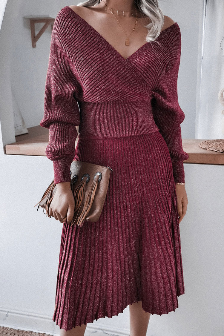 Metallic Lurex Rib Knit Off Shoulder Sweater Two Piece Midi Dress - Burgundy