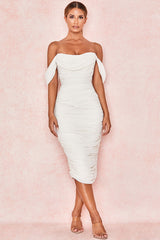 Off Shoulder Ruched Bodycon Cocktail Party Dress - White