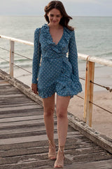 Polka Dot Long Sleeve Ruffle V Neck French Wrap Mini Dress - Blue