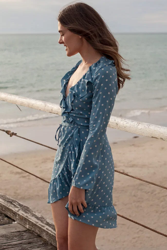 Polka Dot Long Sleeve Ruffle V Neck French Wrap Mini Dress - Blue