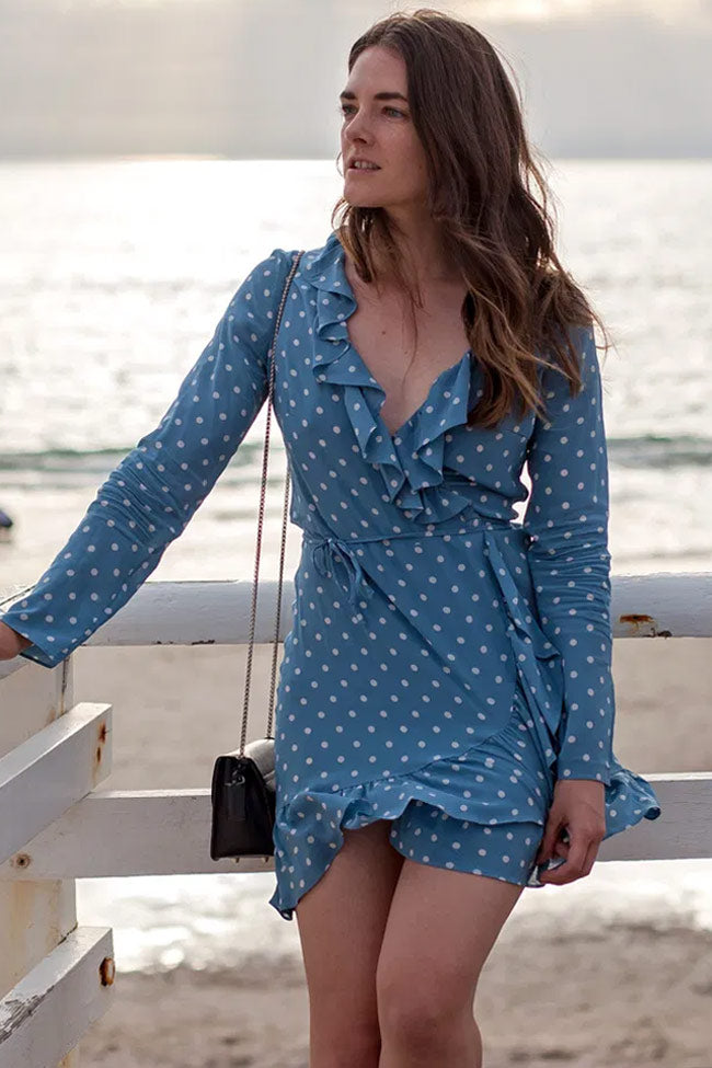 Polka Dot Long Sleeve Ruffle V Neck French Wrap Mini Dress - Blue