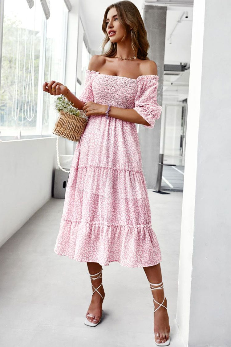 Prairie Off Shoulder Smocked Floral Printed Boho Chic Midi Dress - Pink