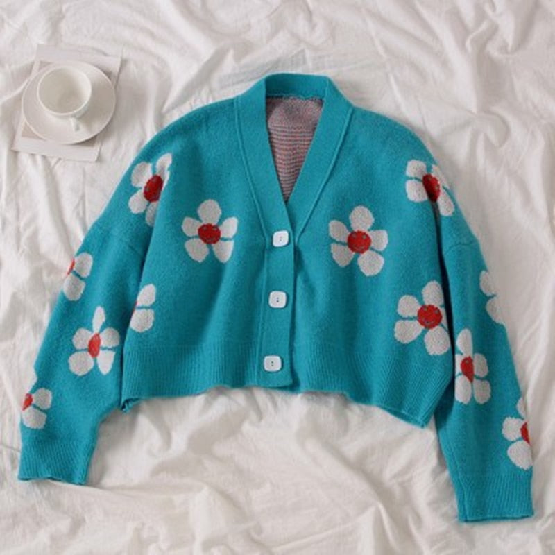 Flower Print Knitted Crop Cardigan