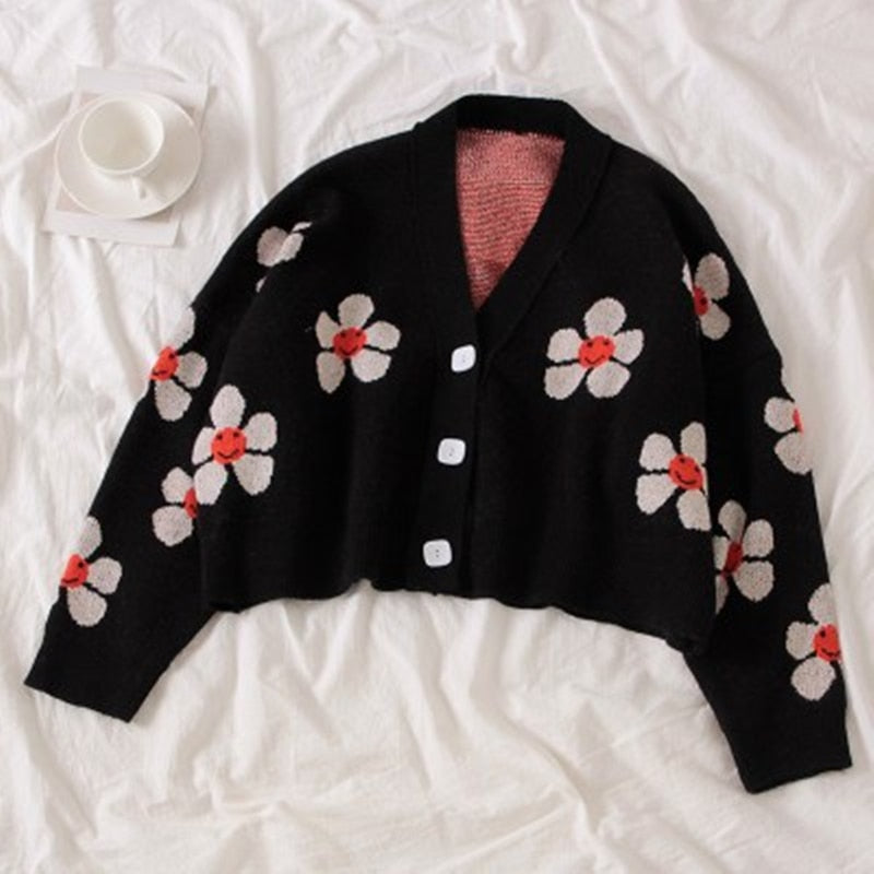 Flower Print Knitted Crop Cardigan