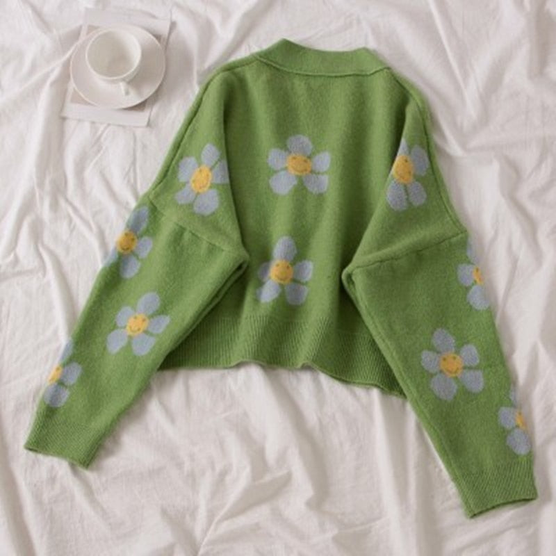 Flower Print Knitted Crop Cardigan