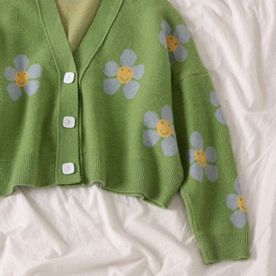 Flower Print Knitted Crop Cardigan