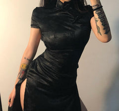 Black Satin Split Midi Dress