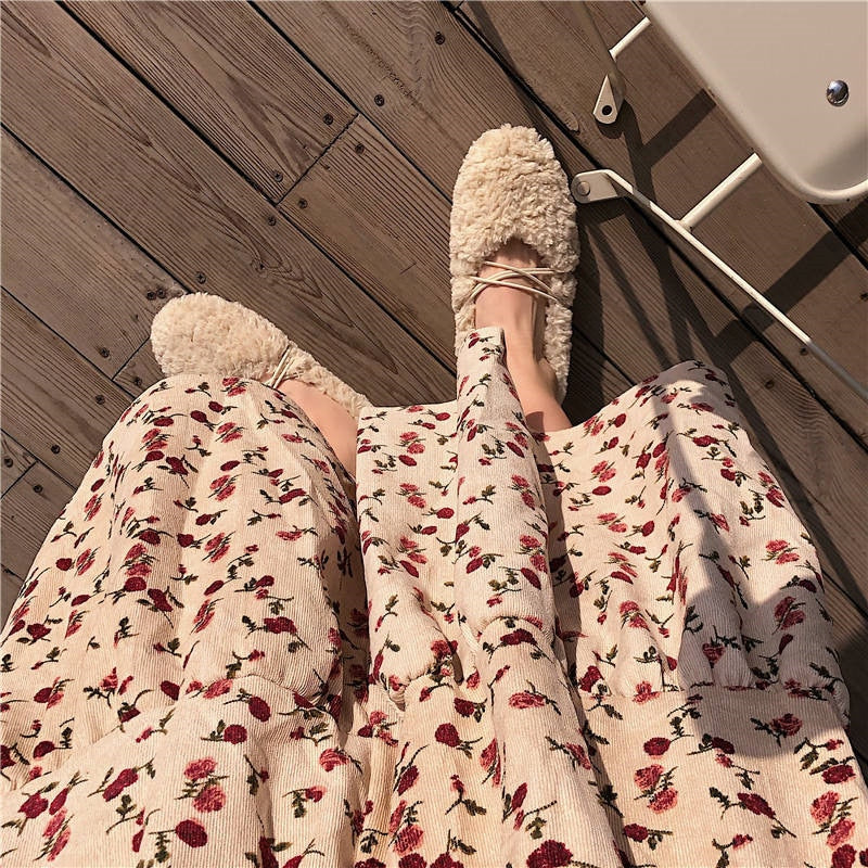 Corduroy High Waist Floral Print Maxi Skirt