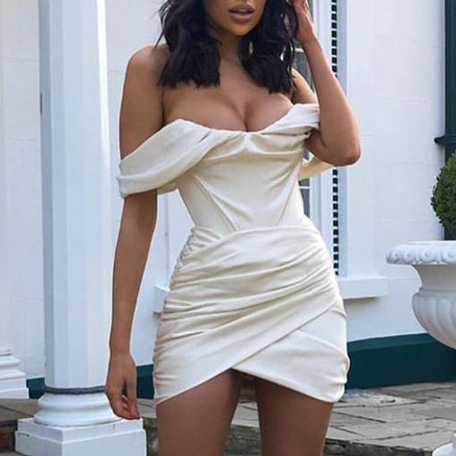 Off-Shoulder Corset Drapped Satin Mini Dress