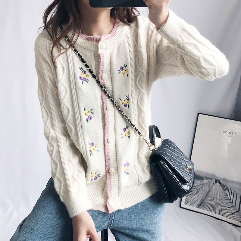 Embroidery Floral Cable Knitted Cardigan