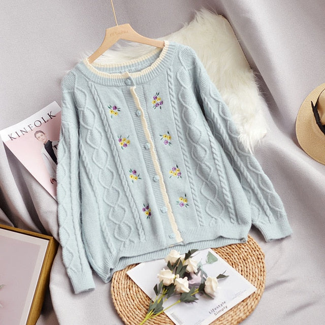 Embroidery Floral Cable Knitted Cardigan