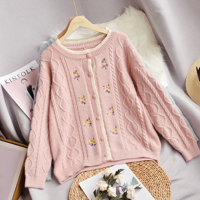 Embroidery Floral Cable Knitted Cardigan