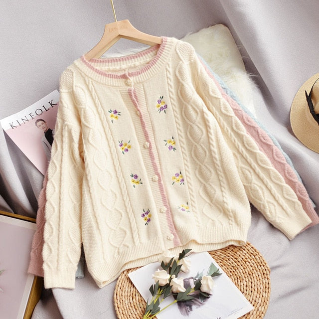 Embroidery Floral Cable Knitted Cardigan