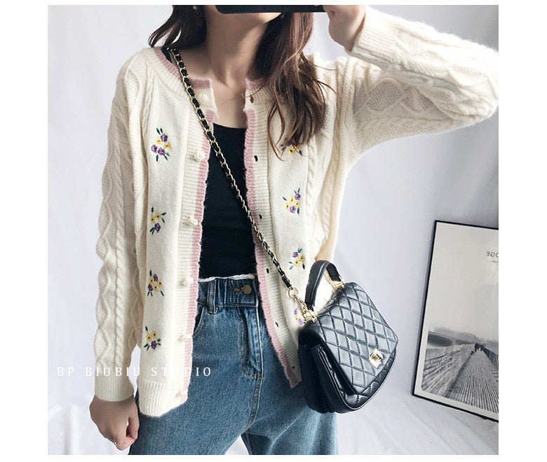 Embroidery Floral Cable Knitted Cardigan