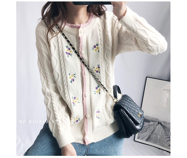 Embroidery Floral Cable Knitted Cardigan