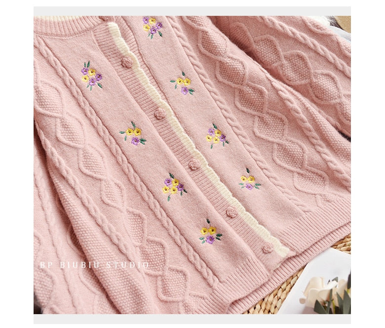 Embroidery Floral Cable Knitted Cardigan